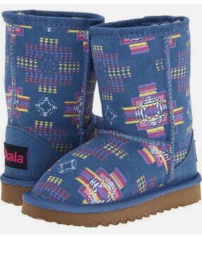 NEW UKALA FLEECE LINED WINTER BOOTS GIRLS YOUTH SIZE 4 BLUE TRIBAL PRINT